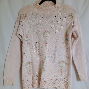 Vintage Pastel Knit Sweater with Floral Accents